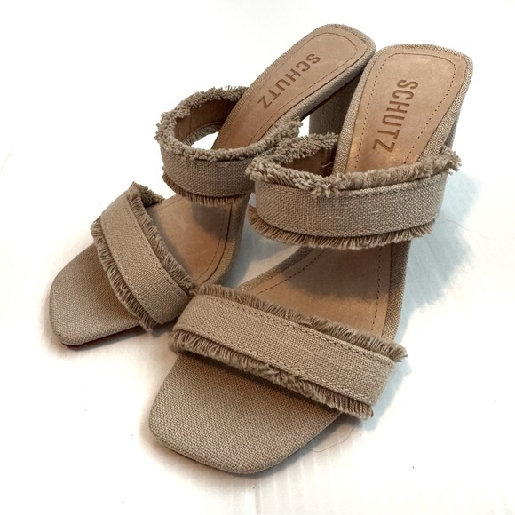🆕 SCHUTZ Amely Beige Frayed Strap Heels NWT size 7 - Picture 3 of 16